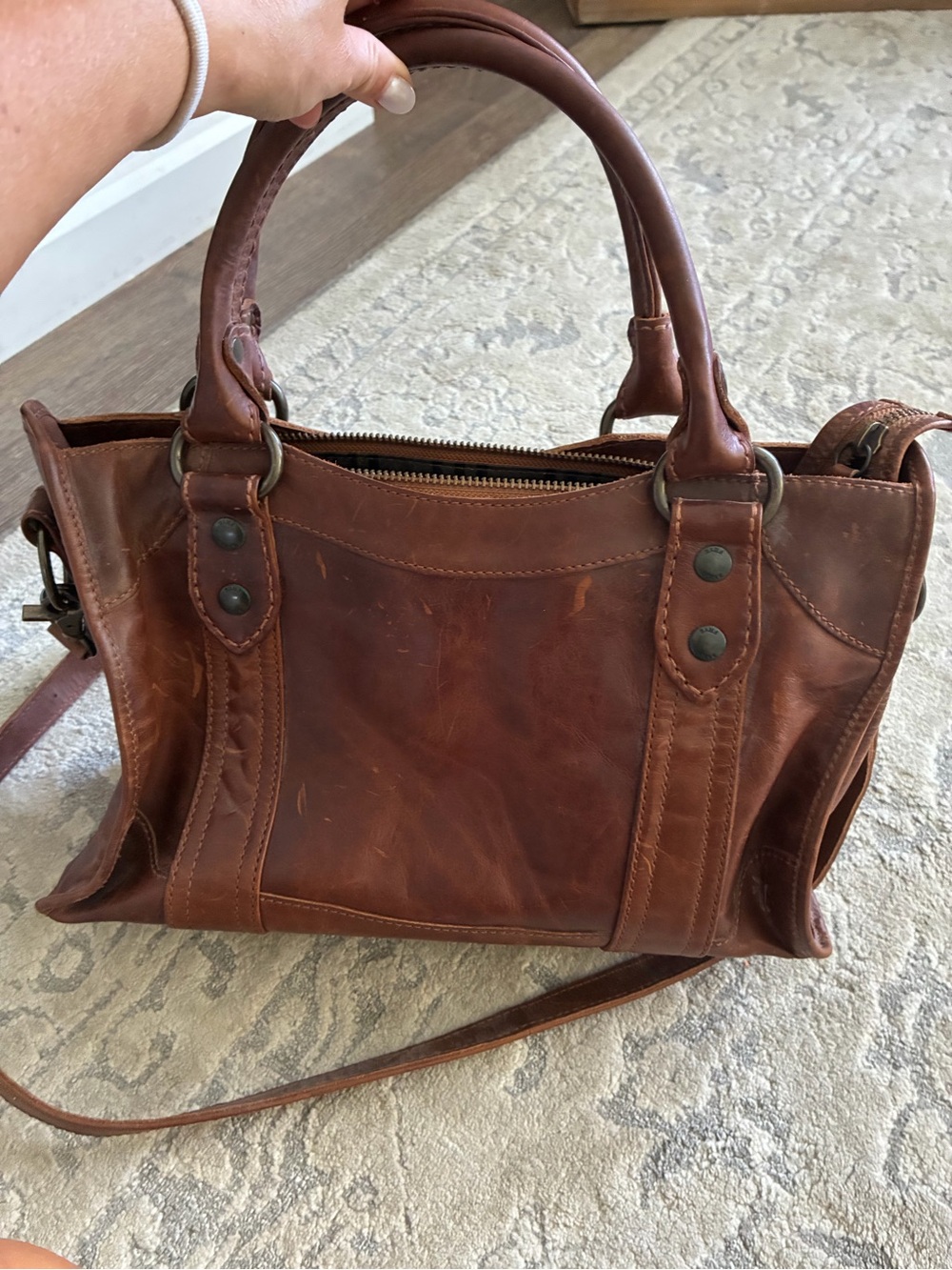 Frye Melissa Satchel in washed cognac leather
